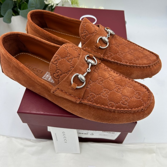 Men’s Gucci horse bit suede GG loafers size 9 fits 10 US made in Italy
